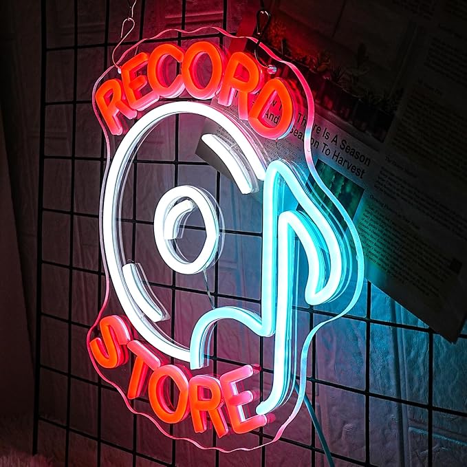 Record Store Neon Sign Music Neon Signs for Wall Decor Letter Neon Light Record Player Sign for Music Studio Decor Live Music Neon Light Sign for Bar Music Decor(Red white)