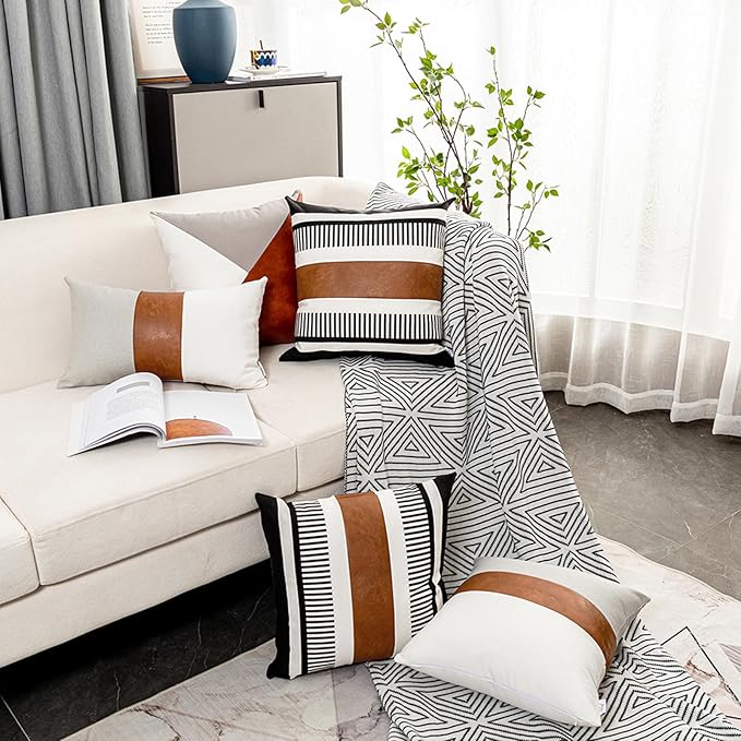 Pack of 2 Farmhouse Throw Pillow Covers for Couch Sofa Decorative Faux Leather Square Cushion Cover Tribal Stripe Accent Pillow Case 18 x 18 Inch,Black