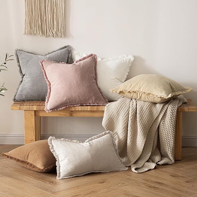 MIULEE Decorative Throw Pillow Covers Neutral Linen Fringe Throw Pillows Set of 2 Pink Boho Farmhouse Cushion Covers with Tassels for Couch Sofa Bed Living Room Spring Home Decor 18x18 Inch