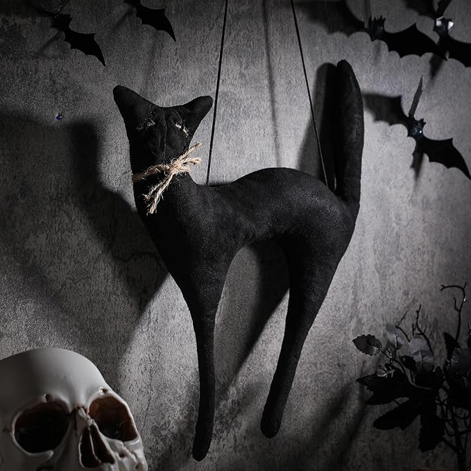Suhine 16 Inch Halloween Black Cat Decoration Black Moon Cat Gifts Realistic Hanging Vintage Primitiva Halloween Decoration