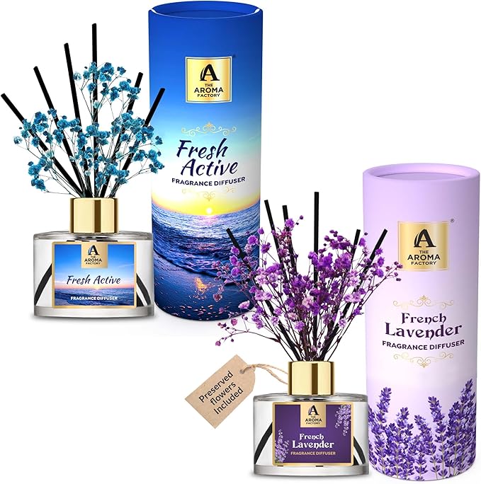 The Aroma Factory Fragrance Reed Diffuser Set with Natural Essential Oil, Aroma Sticks & Real Preserved Flowers | Luxury Home Decor Scent (Fresh Active & Lavender,2 Pack)