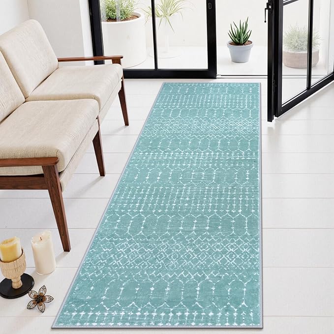 Lahome Moroccan Washable Runner Rug 2x8 - Green Non-Slip Rug Runner Stain Resisitant Kitchen Carpet, Geometric Print Distressed Soft Untra-Thin Floor Carpet for Bedroom Entryway