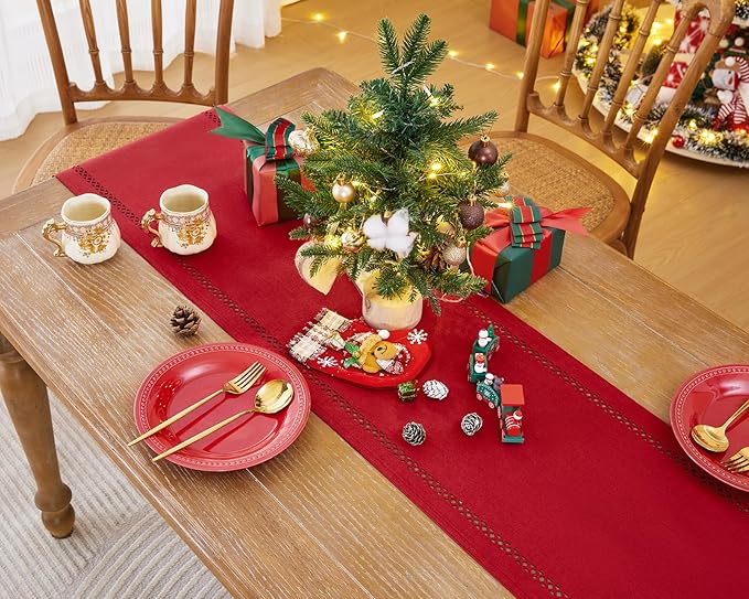 Burlap Style Farmhouse Table Runner, 13 x 72 Inch Red, Rustic Geometric Hollow Table Runners 72 Inches Long for Dresser Table Everyday Use, 13x72 Inches, Red