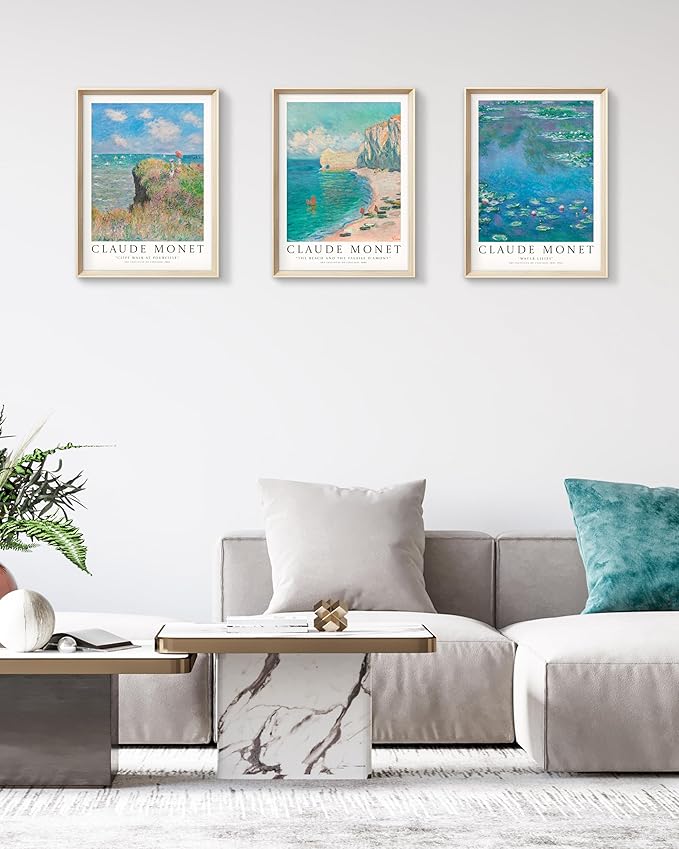HesenDot Claude Monet Framed Wall Art,12x16in High Framed Canvas Prints, Impressionism Landscape Painting Poster Wall Decor,Vintage Home Decoration for Living Room Bedroom Gallery Office,Set of 3