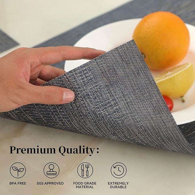 Leetaltree Denim Blue Placemats Set of 8 - Heat Resistant Non-Slip Place mats for Dining Table, Washable Durable PVC Vinyl Woven Table Mats(Denim Blue, 8)