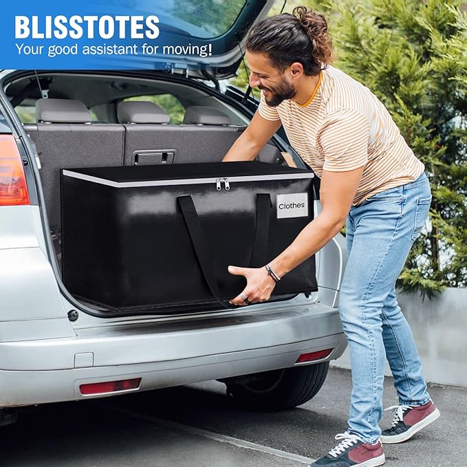 BlissTotes Moving Bags, Heavy Duty Moving Boxes with Zippers Top and Sturdy Handles, Storage Bags for Space Saving and Packing, Collapsible Moving Supplies, Storage Totes (93L, 2-Pack, Black)