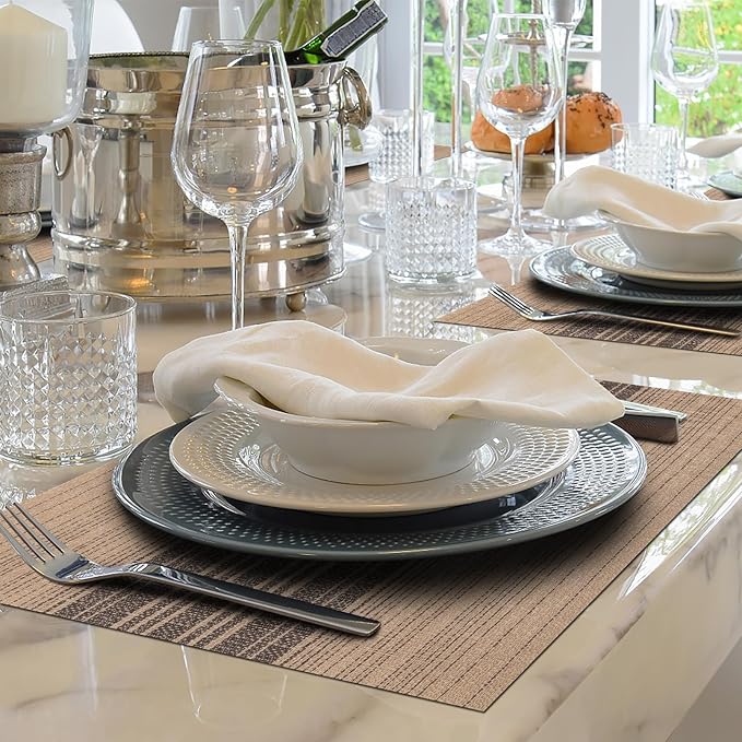 Winknowl Placemats, Set of 8 Heat Resistant Stain Resistant Woven Vinyl Insulation Place mats, Durable Washable Elegant Table Mats for Dining (Brown)