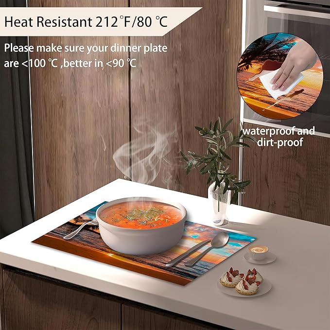 Tropical Palm Placemats Set of 6,Sunset Trees Sea Beach Table Mats Non-Slip Heat Resistant Washable Placemat for Party Kitchen Dining Table Decoration Indoor Outdoor