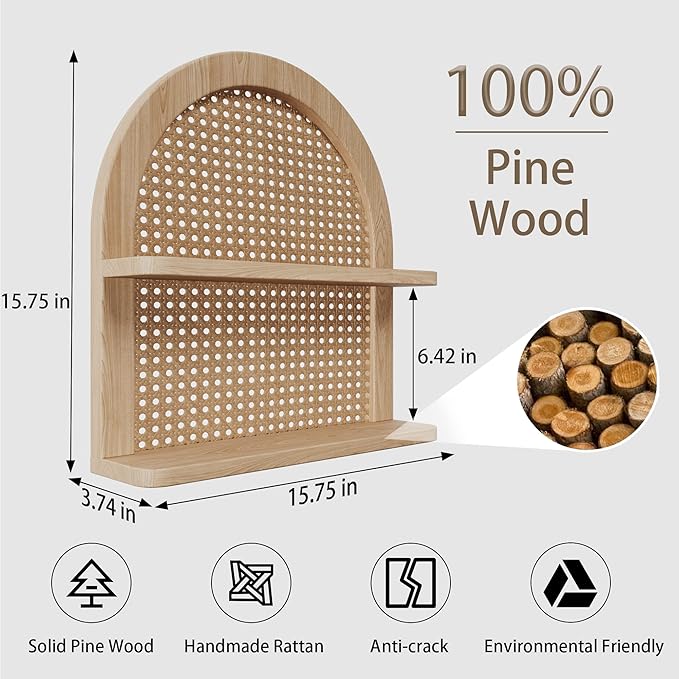 2 Tier Fan-shaped Rattan Wall Shelf, Nursery Shelf for Wall Storage, Natural Pine Wood Wicker Wall Shelf, Boho Shelf for Netural Nursery Decor, Decorative Shelf for Living Room, Bedroom & Bathroom