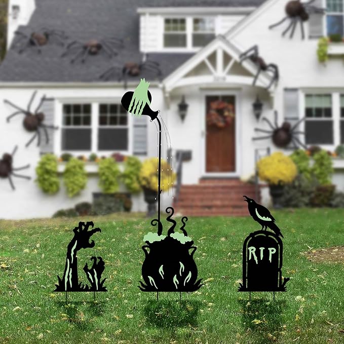 Halloween Yard Signs Outdoor Decorations,3 Pack Warerproof Solar Scary Fluorescent Metal Stake Lights Glow in The Dark for Lawn Garden Halloween Decor (Potions Ghost Hand Tombstone)