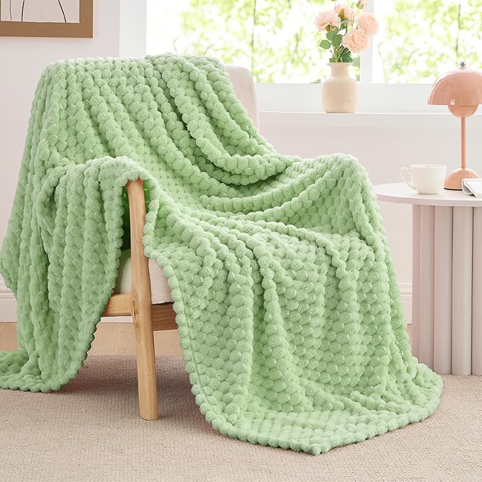 BEDELITE Fleece Twin Blanket for Couch & Bed - 3D Jacquard Decorative Light Green Throw, Super Soft and Cozy Warm Fuzzy Blanket All Seasons Suitable, 50x60Inches