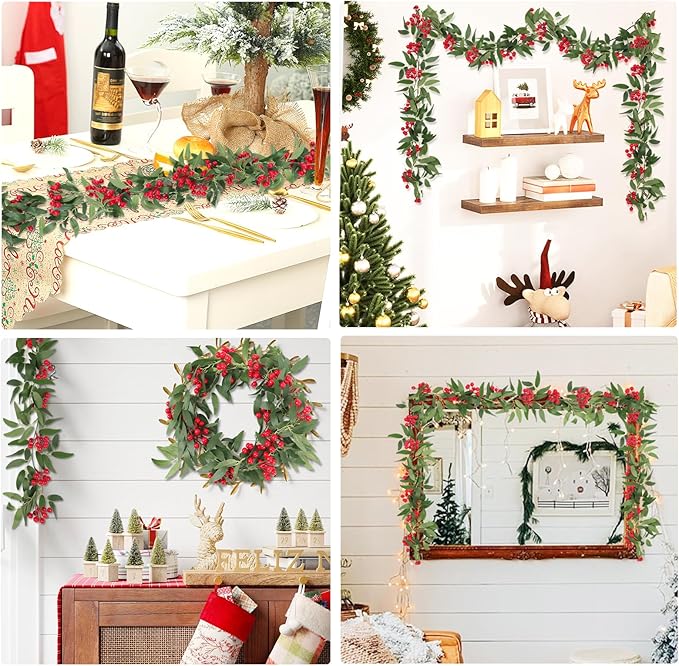Artificial Hanging Willow Vines with Red Berry Christmas Garland 2Pcs-6FT Faux Hanging Willow Leaf Ivy Red Berries Greenery Rattan Christmas Wedding Party Wall Mantel Home Winter Indoor Outdoor Decor