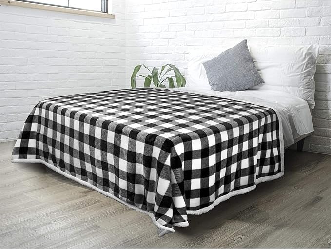 Pavilia Black & White Buffalo Plaid Sherpa Bed Blanket - King, Plush Checkered Fleece & Flannel, Warm Winter Blanket for Couch & Sofa, 90x108