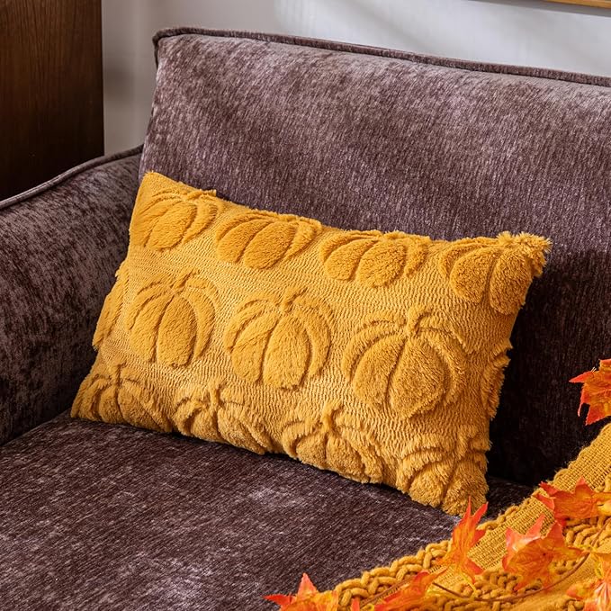 Pumpkin Fall Decorative Throw Pillow Covers 12"x20", Set of 2 Mustard Yellow Soft Faux Fur Pillow Covers for Autumn Harvest, Fluffy Plush Accent Pillow Cases for Farmhouse Halloween Decor