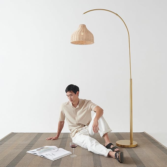 Brightech Lark Arc Lamp for Living Rooms & Offices, Floor Lamp with Unique Hanging Wicker Shade, Standing & Tall for Bedroom Reading, Matches Boho and Other Living Room Decor, Brass