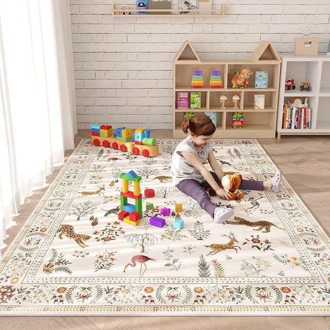 Living Room Rug 6x9 Rug Machine Washable Boho Area Rug Non Slip Floral Animal Vintage Low Pile Large Rug for Living Room, Bedroom, Farmhouse, Dining Room, Kids Playroom (Beige)