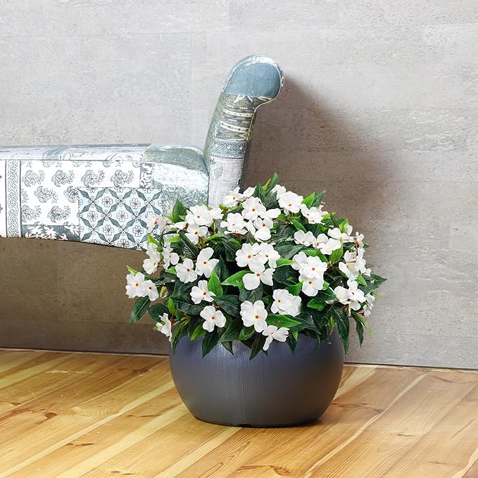 Uqueeten15.7” Spring Decorations For Home Fake Plants Fake Flowers White Flowers Artificial Impatiens Bouquet Flowers For Outdoors Silk Faux Flowers Impatiens Plants Decor Indoor Planters (White) 8pcs