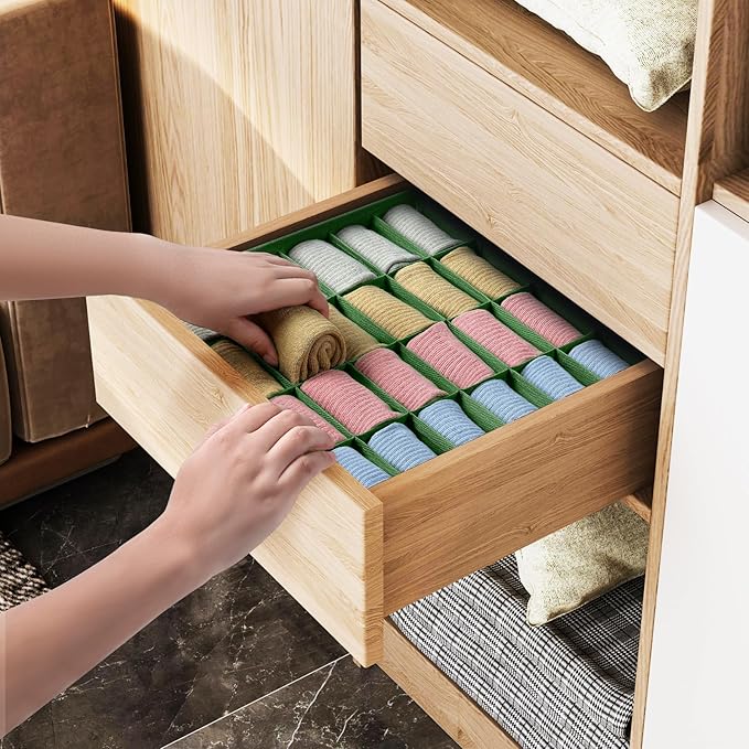 Joyoldelf Sock Drawer Organizer Divider 2 Packs Underwear Organizer, 24 Cell Closet Organizers and Storage Organizer Sock Holders Organizers for Storing Socks, Handkerchiefs, Ties, Belts (Green)
