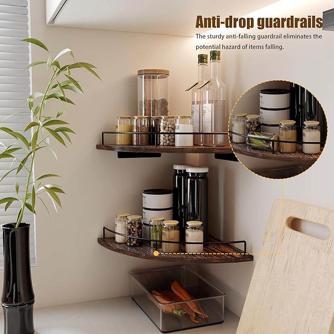 Corner Floating Shelves, Rustic Brown Wood, Set of 2, Wall Mount Storage with Guardrail for Bathroom Kitchen Living Room