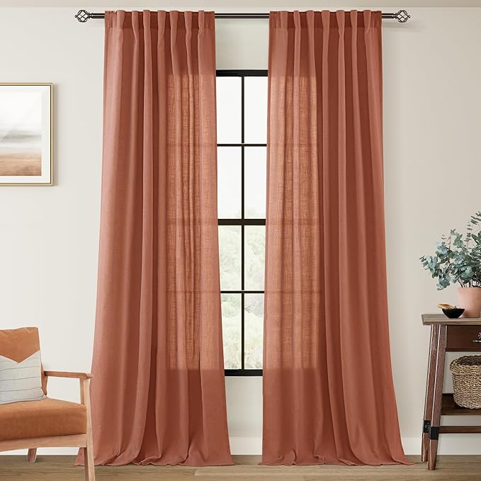 84 inch Linen Terracotta Curtains 2 Panels for Living Room Back Tab Light Filtering Semi Sheer Rust Colored Curtains 84 inches Long Soft Thick Cotton Cloth Textured Rustic Boho Farmhouse Room Decor