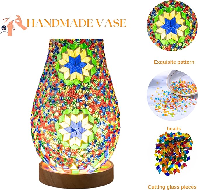 Turkish Moroccan Table Lamp, Mosaic Vase Lamp, Colorful Handmade Glass, Decorative Water-Fillable, Three-Color Light, Fit for Ambient Living Room Farmhouse