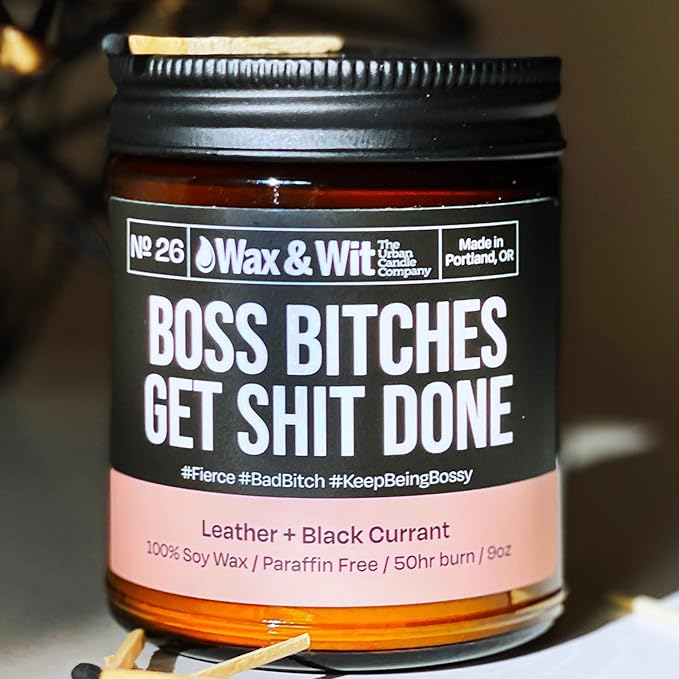 Wax & Wit Funny Soy Candle Gift for Women - Humorous, Aromatherapy Soy Wax Candle, Ideal for Housewarming, Coworker, Birthday – Leather and Black Currant - 9oz