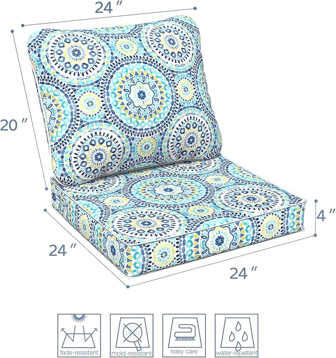 LVTXIII Outdoor Deep Seat Cushion Patio Seat and Back Cushion Set Seasonal Chair Cushion with Removable Cover and Adjustable Buckle for Home and Garden, 24"x24"x4", Delancey Lagoon