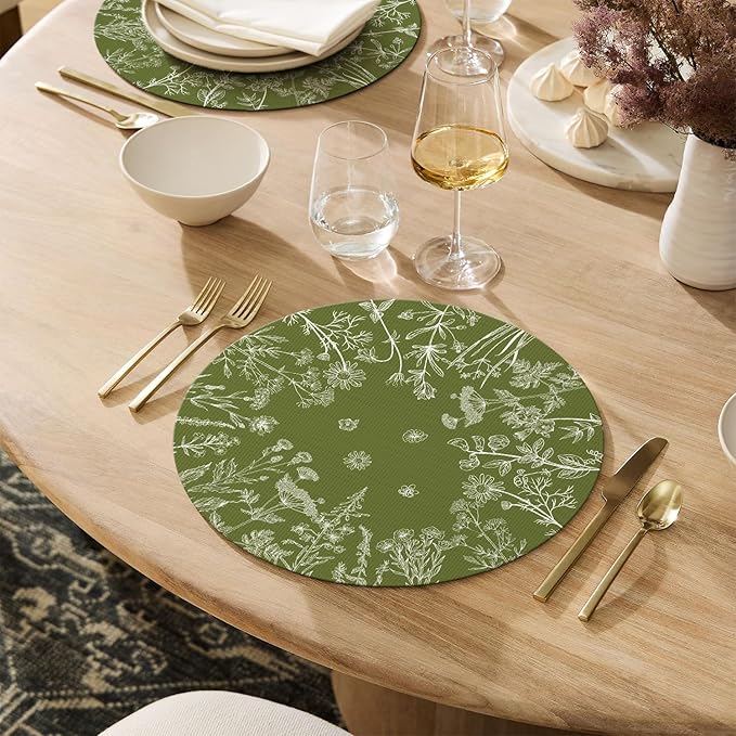 Artoid Mode Dandelion Wild Flower Round Placemats Set of 4, 15 Inch Plastic Woven Washable Non-Slip PVC Table Mats for Party Kitchen Dining Decor