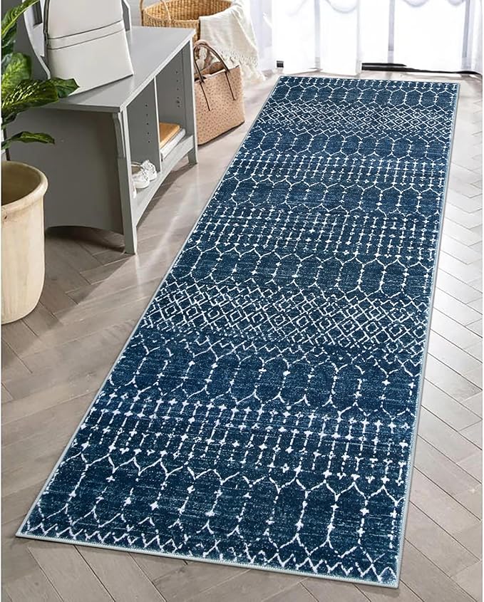 Lahome Moroccan 2x5 Washable Blue Runner Rug, Non-Slip Low-Pile Stain Resistant Kitchen Rugs, Geometric Soft Bathroom Runner Carpet for Entrance Bedroom Laundry (Blue,2'x5')
