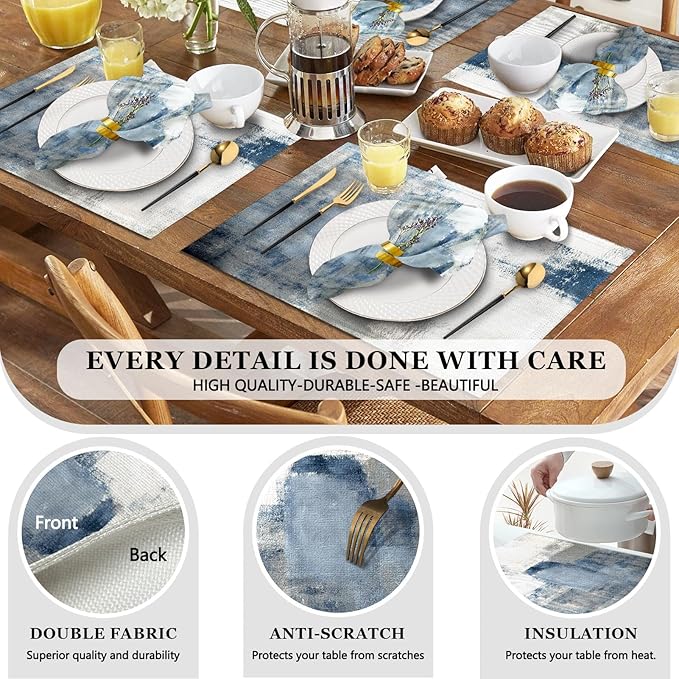 MCALK 4 Each Blue Placemats and Cloth Napkins Set of 8, Modern Abstract Art Painted Placemat for Home Kitchen Decor (Placemats 18 "x12 Cloth Napkins 18 "x18)