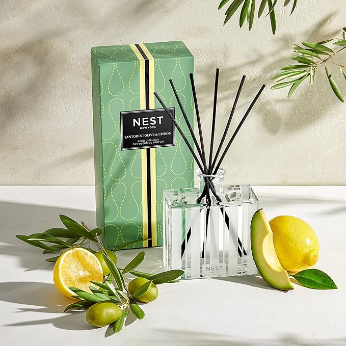 NEST New York Reed Diffuser, Santorini Olive & Citron - 5.9 fl oz - Fragrance for Up to 90 Days - Reusable, Refillable Glass Holder - Includes 8 All-Natural Reed Sticks - Flame Free