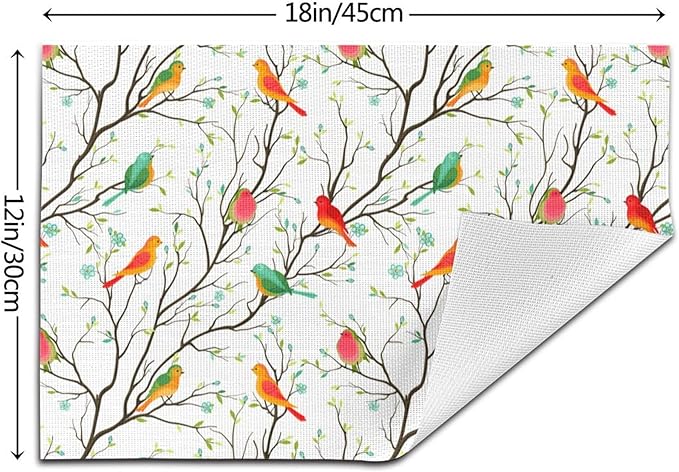 Birds on Tree Placemats Set of 4 Linen Decorative Table Mat for Dining Table Kitchen Farmhouse Outdoor Spring Summer Home Decor 12"x18" Cute Birds Place Mats