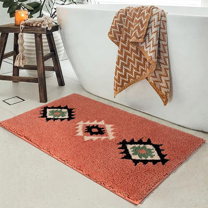 DEXDE Boho Bathroom Rugs Coral Red Bath Mat Non Slip Western Geometric Bath Rug Luxury Soft Absorbent Carpet for Bathroom Shower Kitchen Entryway Farmhouse Decor 24x36