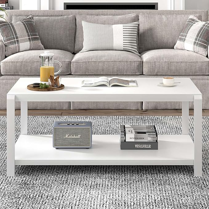 EXCEFUR White Coffee Table with Storage, Modern Center Table for Living Room, Rustic Wood and Metal Cocktail Tables, White Oak