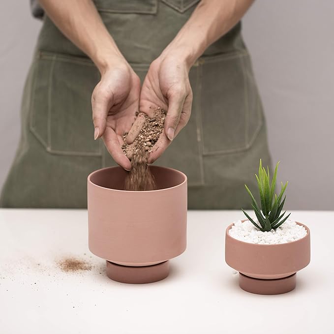 UBEE Ceramic Plant Pots for Plants Indoor Flower Planter 5.43 Inches and 4.61 Inches Succulents Basket with Drainage Hole Saucer Set of 2, Terracotta