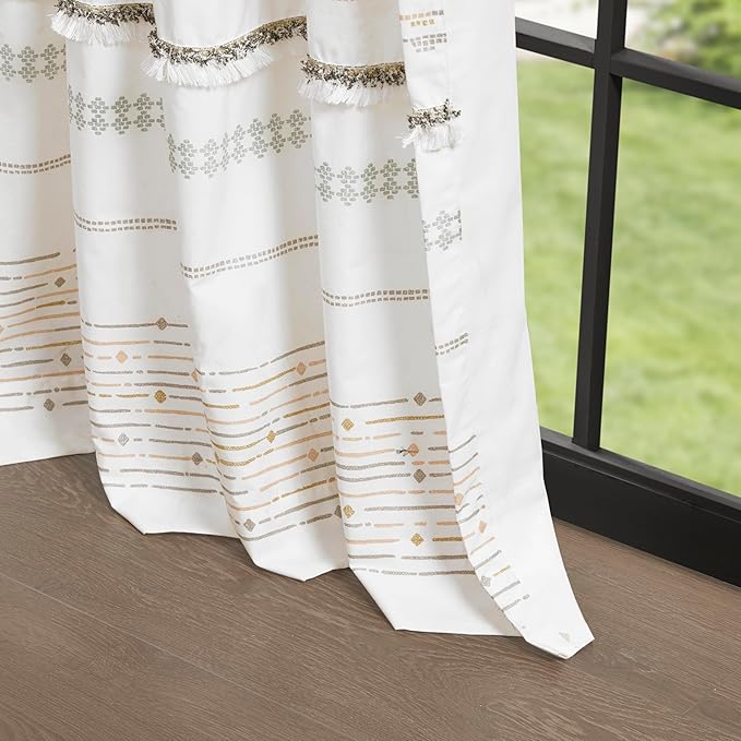 INK+IVY NEA 100% Cotton Single Panel Curtain Stripes Tassels Trim Boho Design Rod Pocket Top Drape for Living Room, Privacy Window Treatment for Bedroom, 50" x 84", Off White/Gray
