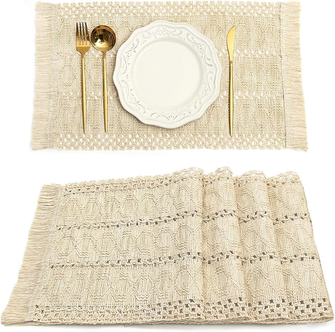 FEXIA Boho Placemats Set of 4, Macrame Table Decor and Farmhouse Style Placemats Natural Cotton Burlap, for Dining Table, Beige