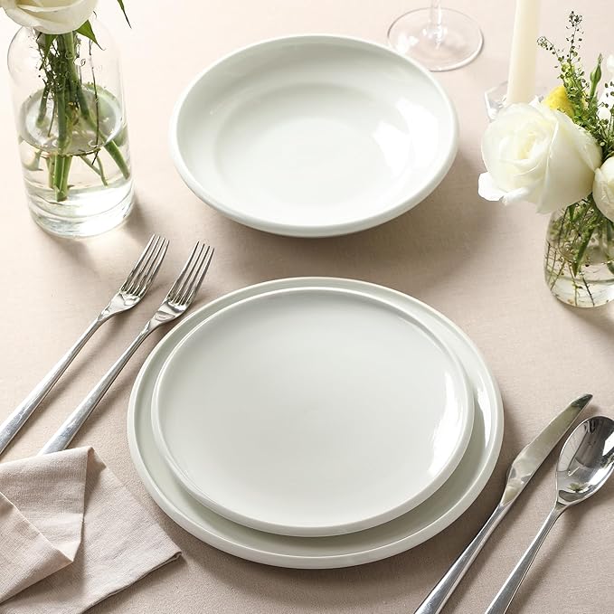 Earth & Clay Harmony 12-Piece Dinnerware Stoneware, Plates and Bowls Set, Includes Dinner and Salad Plates, Cereal Bowls, Dishwasher and Microwave Safe, Dish Set for 4, White