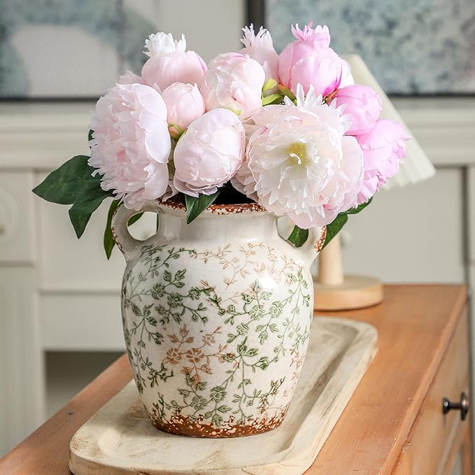 Enra Vintage vase,Green and Beige Ceramic Decorative Flower vase, Chinoiserie Floral Vase,Large Rustic Vases for Home Decors, Living Room, Bookshelf, Office 7.8 Inch