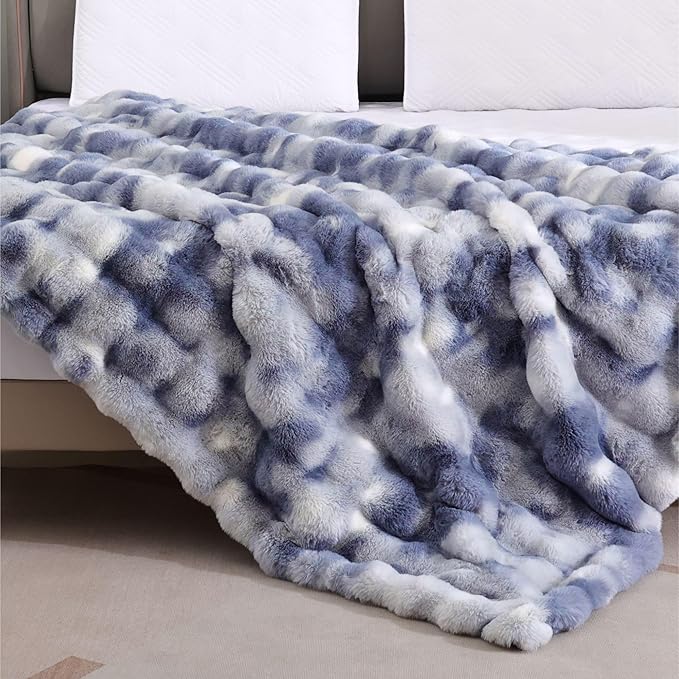 Tie-dye Blue Cozy Faux Fur Throw Blanket for Couch Bed Living Room 60x80 Furry Soft Fluffy Thick Warm Blanket for Winter Home Gifts 860 GSM