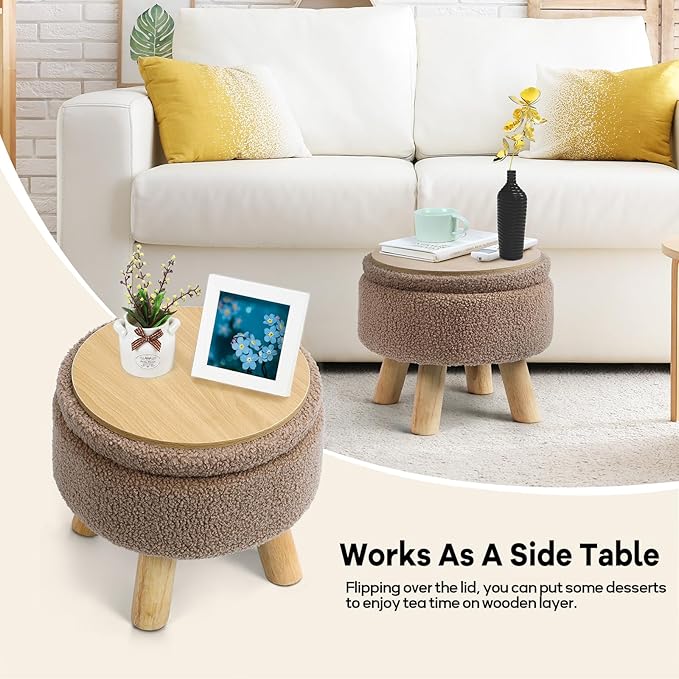 Ottoman Foot Rest, Small Round Ottoman with Storage, Boucle Teddy Velvet Footstool with Wood Legs, Soft Sponge Storage Ottoman for Living Room, Bedroom, Couch, Enterway (Camel Brown)