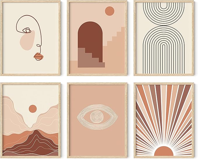 HAUS AND HUES Boho Prints for Wall Decor - Set of 6 Geometric Posters and Bohemian Art Prints Mid Century Wall Art | Aesthetic Bohemian Wall Decor (Beige Frame) (11x14)