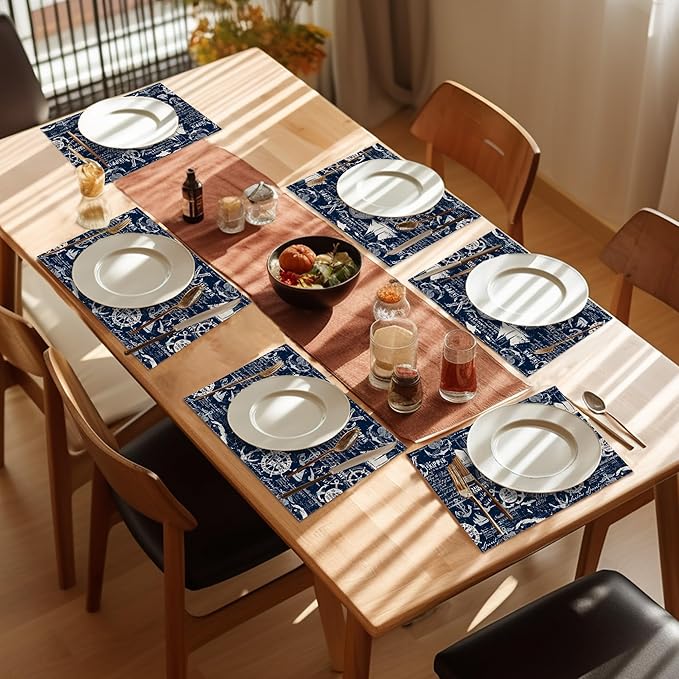 Nautical Navy Blue Placemats Set of 6,Washable Heat Resistant 12×18 Inch Linen Table Mats Caribbean Sailing Place Mats for Party Outdoor Dining Décor