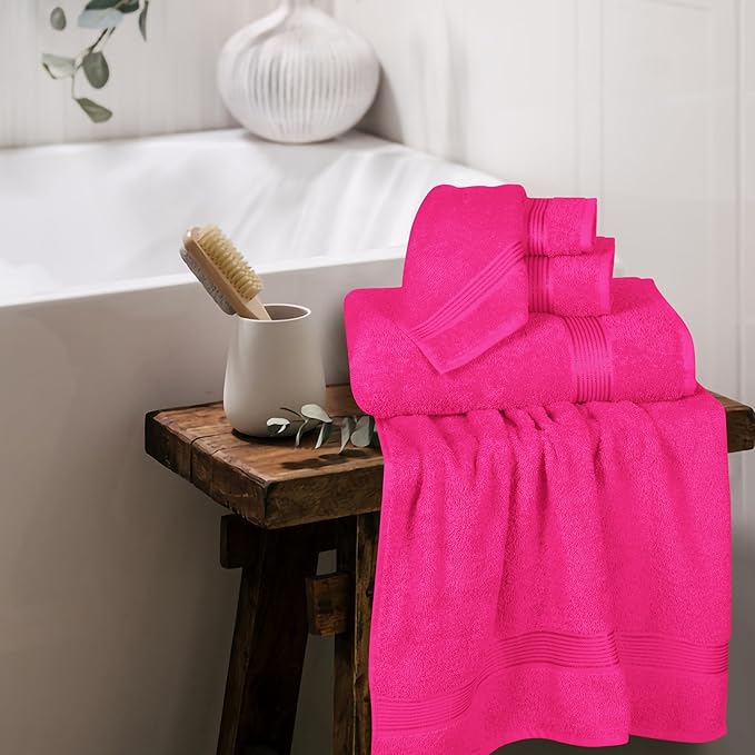 Belizzi Home Ultra Soft 6 Pack Cotton Towel Set, Contains 2 Bath Towels 28x55 inch, 2 Hand Towels 16x24 inch & 2 Wash Coths 12x12 inch, Ideal Everyday use, Compact & Lightweight - Hot Pink