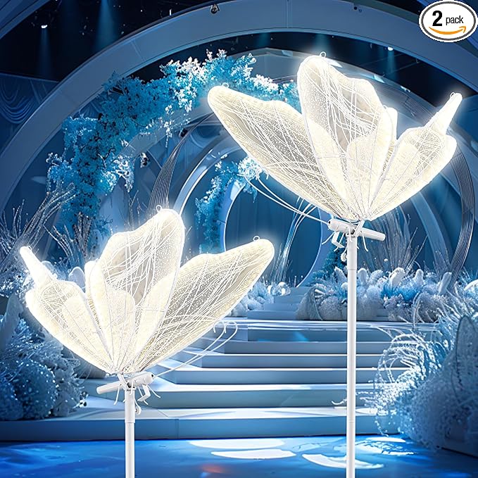 Butterfly Floor Lamp for Wedding Decor - 3 Color LED Ambient Lighting, Wall/Ceiling Mounted Romantic Party Lamp, Iron & Lace Design (23.6in, 2 PCS)
