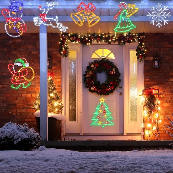16" Christmas Window Silhouette Lights - 6 Pack Colour Lighted Bell, Angel, Candle, Nativity, Bethlehem Star, Reindeer for Holiday Indoor and Outdoor Wall Door Window Decorate