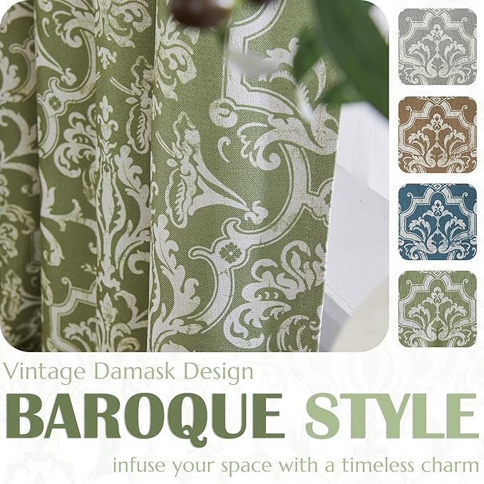 jinchan Room Darkening Curtains for Bedroom Sage Green Damask Patterned Curtains 96 Inch Length for Living Room Linen Textured Vintage 8FT Long Drapes Window Treatments Grommet Top 2 Panels Set