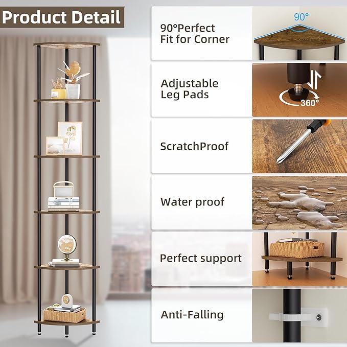 6 Tier Corner Shelf, Bookcase for Small Spaces, Corner Display Shelf, Plant Stand, Rustic Brown and Black,Suitable for Bedroom,Living Room,Kitchen