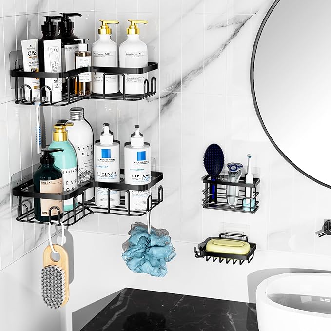 Moforoco 5-Pack Shower Caddy, L-Shaped, 10.2in Diameter, 90-Degree Right Angle, Rustproof, Easy Installation, 12 Hooks, Soap Holder, Adhesive Corner Shower Organizer, Black