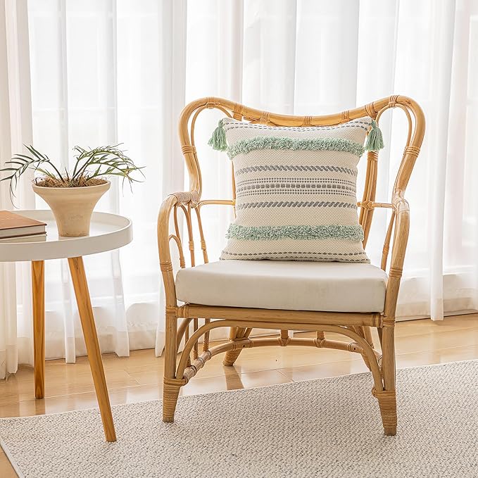 Boho Throw Pillow Covers 18x18 Set of 2 Woven Tufted Farmhouse Pillows Cover with Tassels Textured Striped Cushion Case Neutral Pillow Cases Decorative Pillowcase for Couch, Bed, Light Green